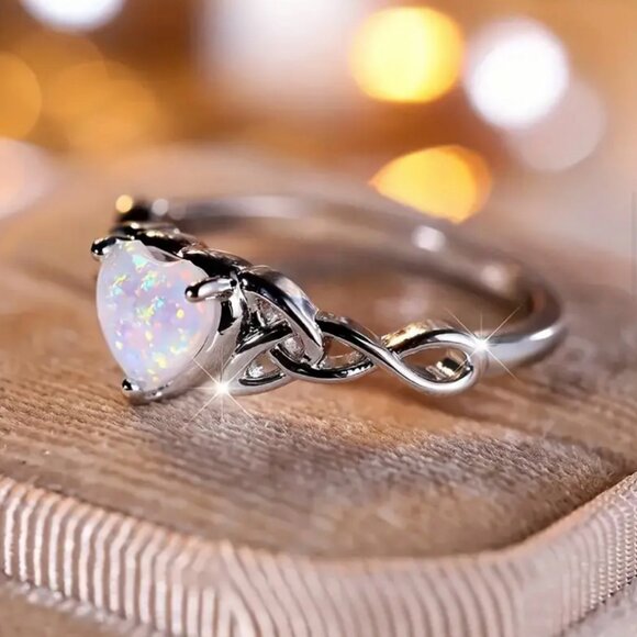 Vintage Inspired Ring Inlaid Shining Opal In Heart Shape Celtic Knot Design - Picture 1 of 5